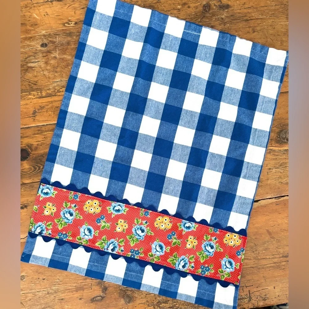 Handmade Kitchen Towel Blue & White Buffalo Chck 19” x 24” farmhouse Cottagecore